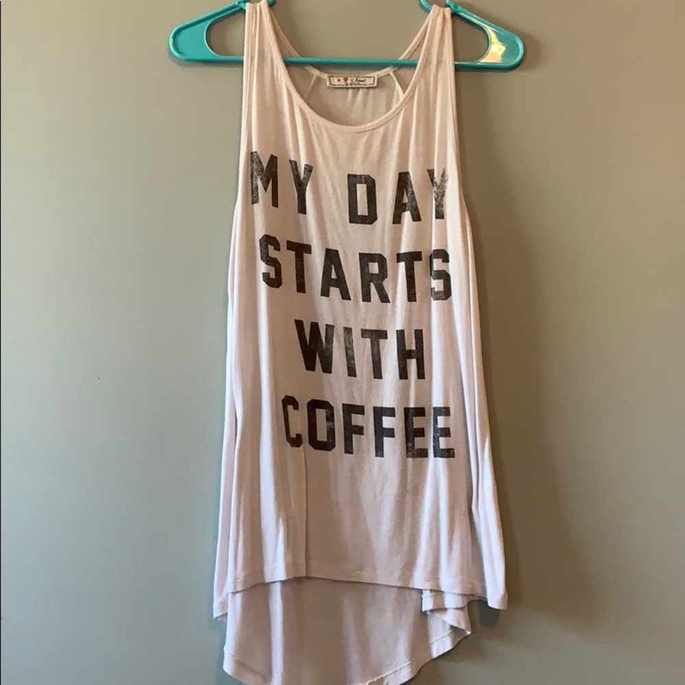 White, flowy, tank top w/ coffee quote